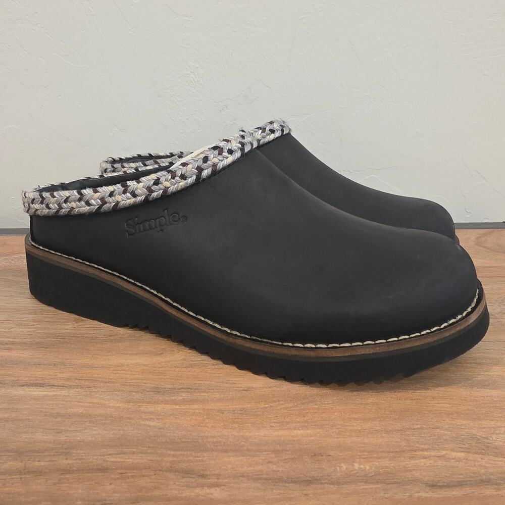 Simple Original Leather Clog Black Braided Trim Slip On Mule Shoe Men 8 Women 10